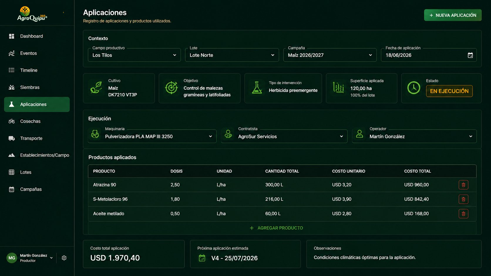 AgroQuipu360 — Módulo Aplicaciones