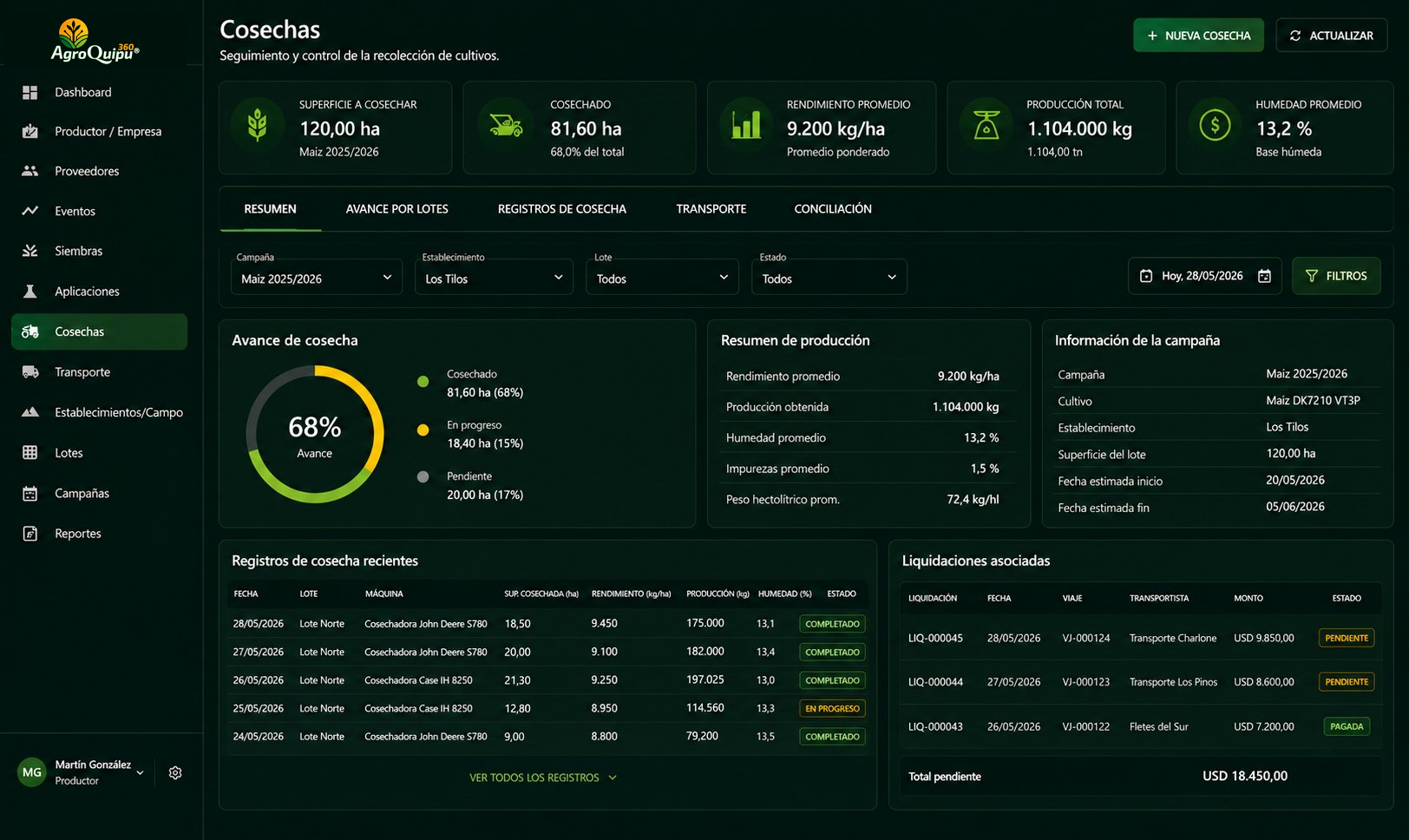 AgroQuipu360 — Módulo Cosechas