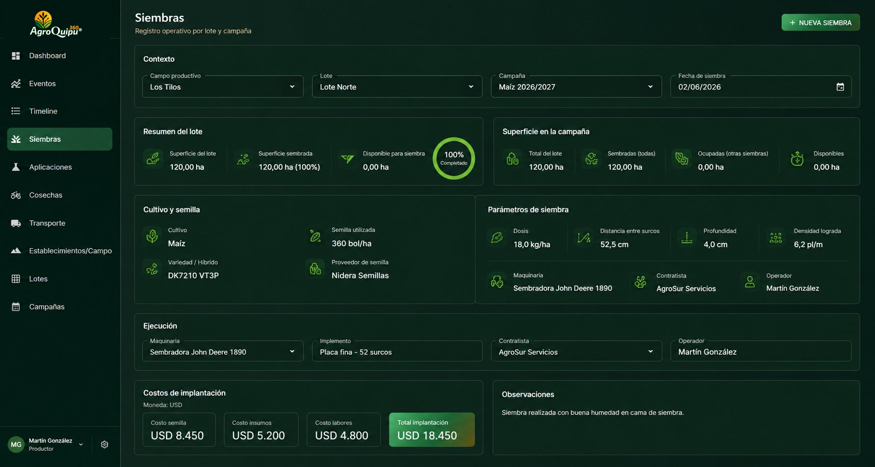 AgroQuipu360 — Módulo Siembras